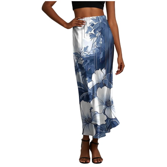 WRKEKC Long Skirts for Women Satin Printed Elastic Waist Maxi Skirt with Casual Lounge Style and Ankle Length
