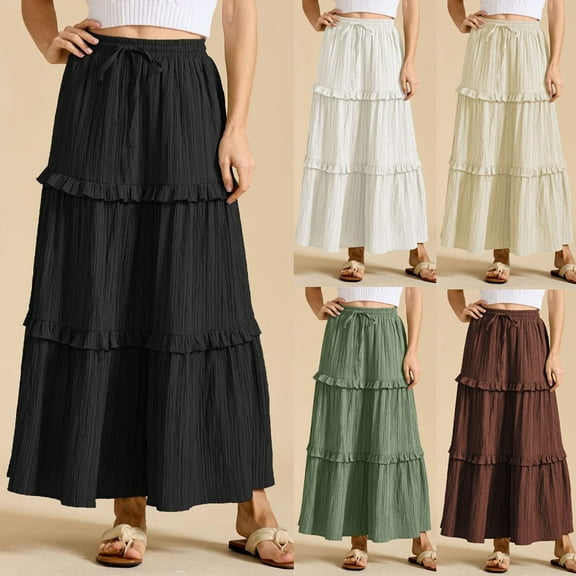 WRKEKC Long Skirts for Women Summer, Summer Skirts for Women, Women's Summer Casual Trendy Solid Color Drawstring Elastic Waist A-Line Skirt