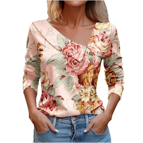 WRKEKC Long Sleeve Blouses for Women Floral Printed Asymmetrical V-Neck Button Detail Shirt for Women Casual Boho-Style Daily Wear Elegant Feminine Top