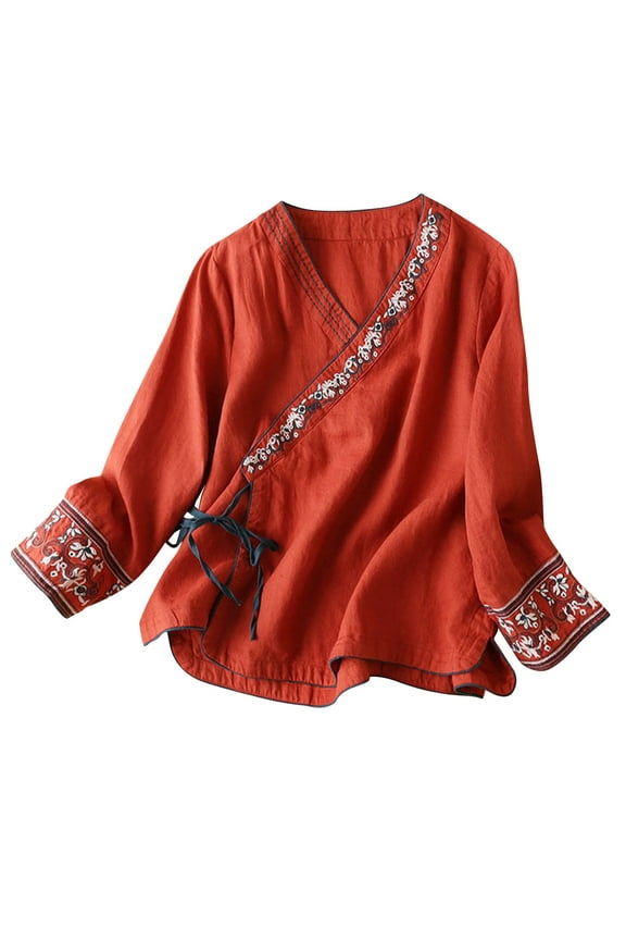Long Sleeve Blouses for Women V-Neck Embroidered Hook-Flower Open-Front Cardigan Cotton Linen Top for Women Casual Boho-Style Traditional Inspired Shirt with Intricate Details