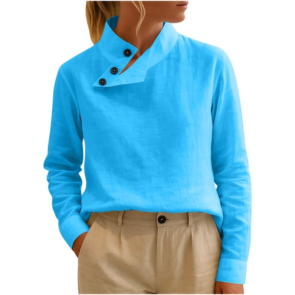 WRKEKC Long Sleeve Blouses for Women Casual Solid Color Stand Collar Long Sleeve Shirt Womens Stand Collar Top for Office Casual Wear