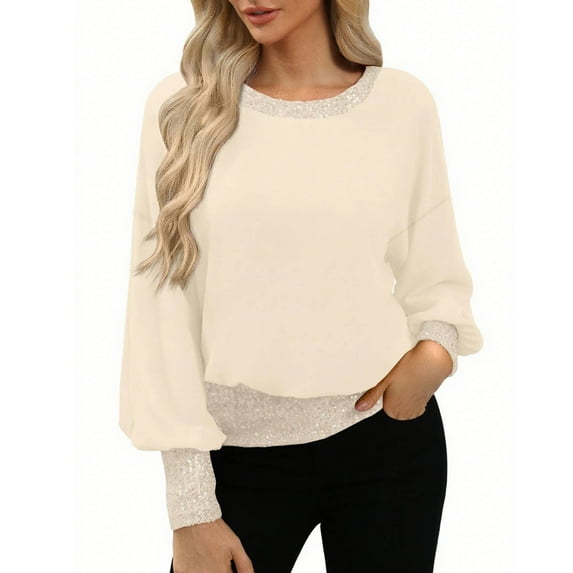 WRKEKC Long Sleeve Blouses for Women Solid Color Round Neck Sequin Patchwork Casual Top with Lantern Sleeves Fall Winter Party Wear