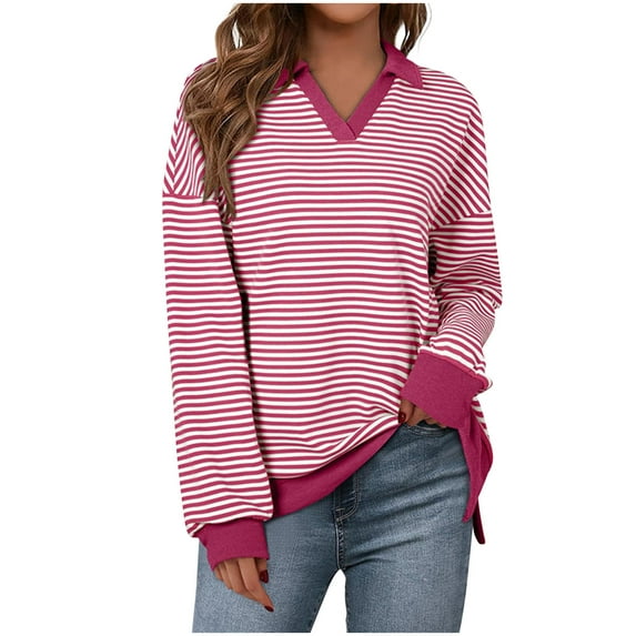 WRKEKC Long Sleeve Blouses for Women Striped Long Sleeve Collared V-Neck Top for Women Casual Comfortable Fall Wear Stylish Blouse