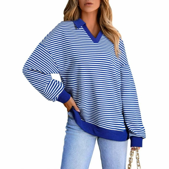 WRKEKC Long Sleeve Blouses for Women Striped Long Sleeve Collared V-Neck Top for Women Casual Comfortable Fall Wear Stylish Blouse