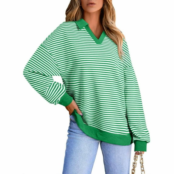 WRKEKC Long Sleeve Blouses for Women Striped Long Sleeve Collared V-Neck Top for Women Casual Comfortable Fall Wear Stylish Blouse