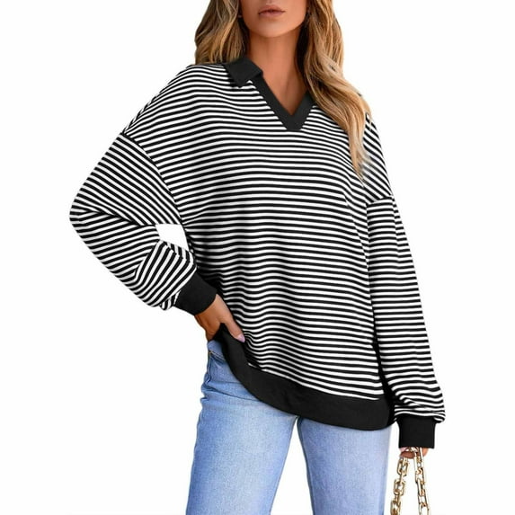 WRKEKC Long Sleeve Blouses for Women Striped Long Sleeve Collared V-Neck Top for Women Casual Comfortable Fall Wear Stylish Blouse
