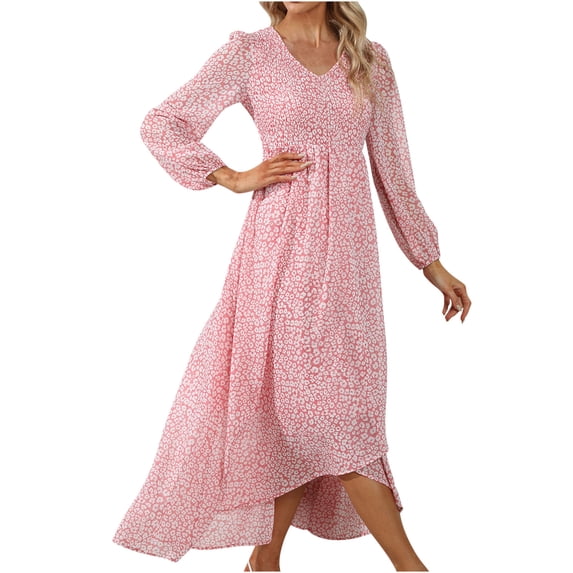 WRKEKC Long Sleeve Dress for Women Solid Color A Line High Waist Long Maxi Dress with V-Neck and Flowy Skirt