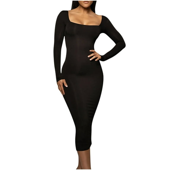 WRKEKC Long Sleeve Dress for Women Solid Color Fleece Lined Square Neck Bodycon Knee Length Dress with Ribbed Knit