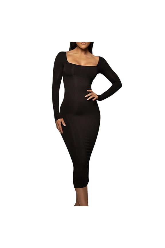 Long Sleeve Dress for Women Solid Color Fleece Lined Square Neck Bodycon Knee Length Dress with Ribbed Knit