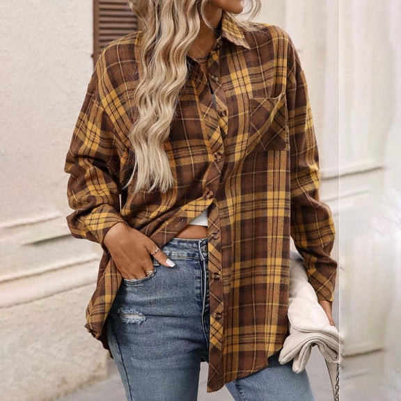 WRKEKC Long Sleeve Shirts for Women Plaid Print Collared Shirt with Button Detail and Pockets Oversized Fit Fall Winter Casual Outerwear
