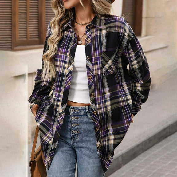 WRKEKC Long Sleeve Shirts for Women Plaid Print Collared Shirt with Button Detail and Pockets Oversized Fit Fall Winter Casual Outerwear