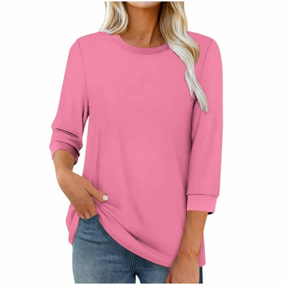 WRKEKC Long Sleeve Shirts for Women Solid Color Round Neck 3/4 Sleeves Loose Fit Casual T Shirt with Curved Hem Soft Fabric Fall Winter Top
