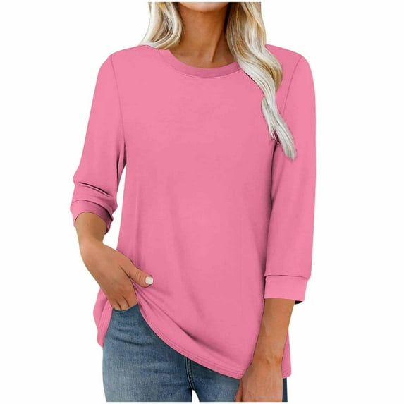 WRKEKC Long Sleeve Shirts for Women Solid Color Round Neck 3/4 Sleeves Loose Fit Casual T Shirt with Curved Hem Soft Fabric Fall Winter Top