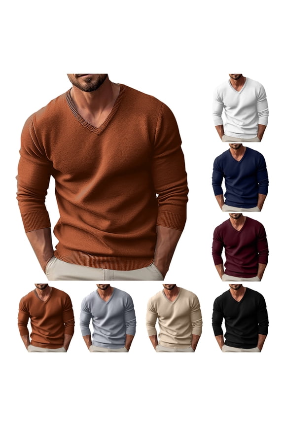 Long Sleeve T-Shirts for Men, Men's Long Sleeve Shirts, Men's Casual Solid Color V-Neck Pullover Thick Long Sleeve Sweater