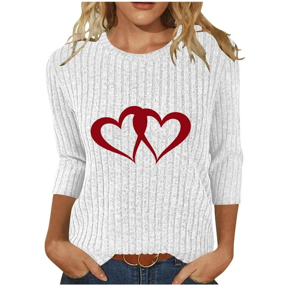 WRKEKC Long Sleeve T-Shirts for Women Print Ribbed Brushed Crew Neck T-Shirt 3/4 Sleeves Loose Fit Casual Fall Winter Top