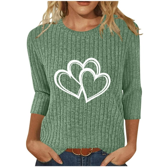 WRKEKC Long Sleeve T-Shirts for Women Print Ribbed Brushed Crew Neck T-Shirt 3/4 Sleeves Loose Fit Casual Fall Winter Top