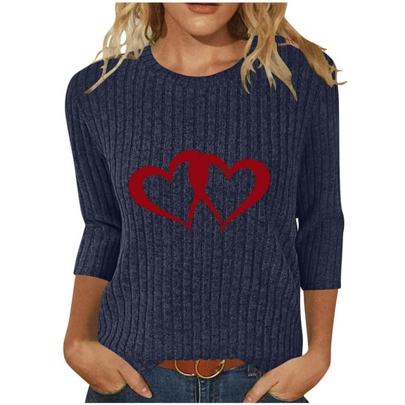 WRKEKC Long Sleeve T-Shirts for Women Print Ribbed Brushed Crew Neck T-Shirt 3/4 Sleeves Loose Fit Casual Fall Winter Top