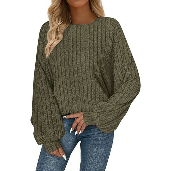 WRKEKC Long Sleeve T-Shirts for Women Solid Color Crew Neck Ribbed Knit T-Shirt with Lantern Sleeves Loose Fit Casual Fall Winter Fashion Top
