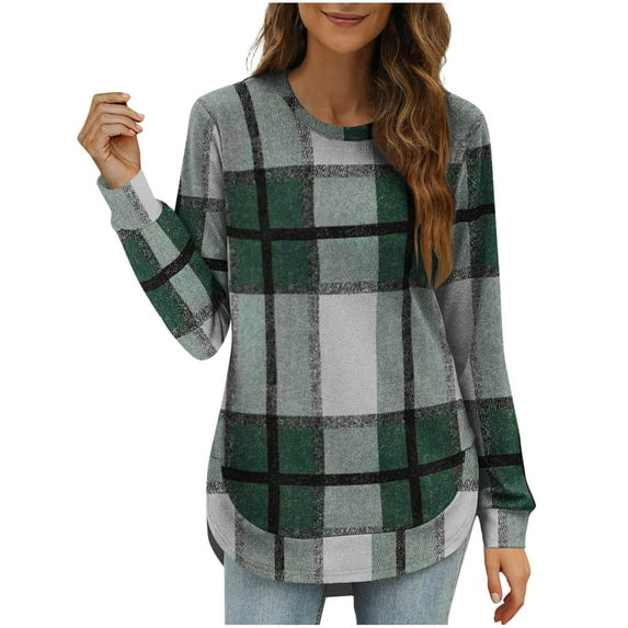 WRKEKC Long Sleeve Tops for Women Casual Plaid Print Crew Neck Long Sleeve T Shirt with Irregular Hem Loose Fit Fall and Winter Daily Wear Layering Top