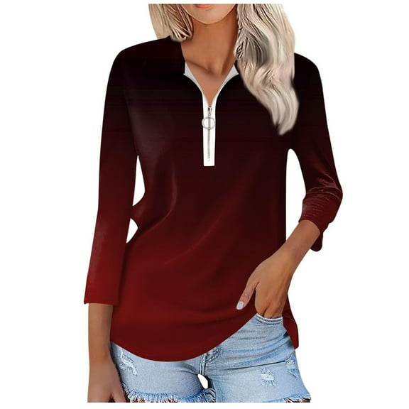 WRKEKC Long Sleeve Tops for Women Gradient Print Collared Zipper 3/4 Sleeve Tee for Women Loose Fit Casual Daily Wear Stylish Shirt