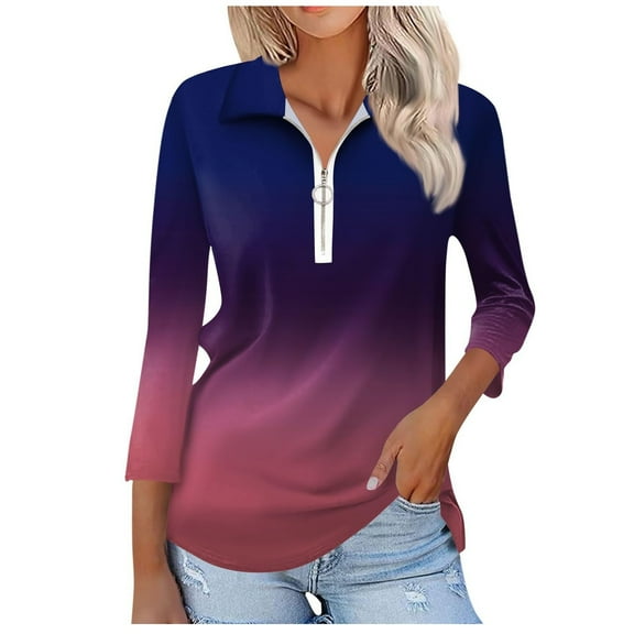 WRKEKC Long Sleeve Tops for Women Gradient Print Collared Zipper 3/4 Sleeve Tee for Women Loose Fit Casual Daily Wear Stylish Shirt