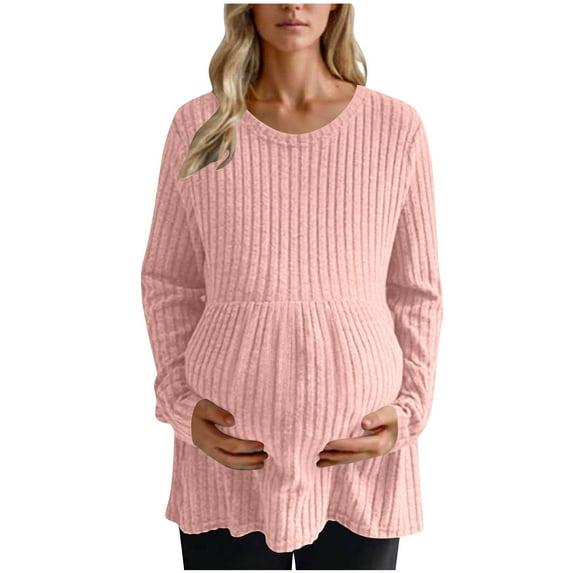 WRKEKC Long Sleeve Tops for Women Maternity Solid Color Knit Long Sleeve Pullover Top with Waist Ruffle Loose Fit Stretchy Fall Winter Casual Shirt