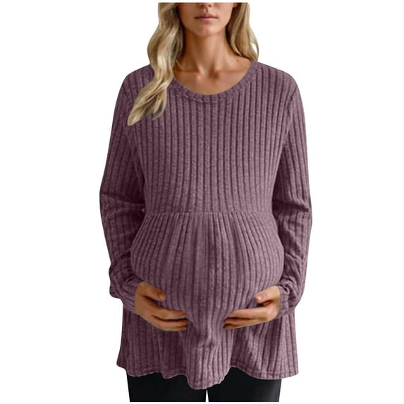 WRKEKC Long Sleeve Tops for Women Maternity Solid Color Knit Long Sleeve Pullover Top with Waist Ruffle Loose Fit Stretchy Fall Winter Casual Shirt