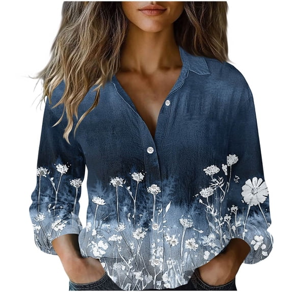 WRKEKC Long Sleeve Tops for Women Vintage Print Button Front Collared Shirt with Colorful Pattern and Lightweight Breathable Cotton Fabric