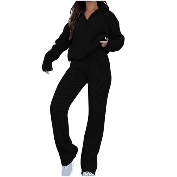 WRKEKC Lounge Sets for Women, 2 Piece Sets for Women Cozy Knit Long Sleeve Half-Zip Crew Neck Top and Casual Wide Leg Pants Set for Fall