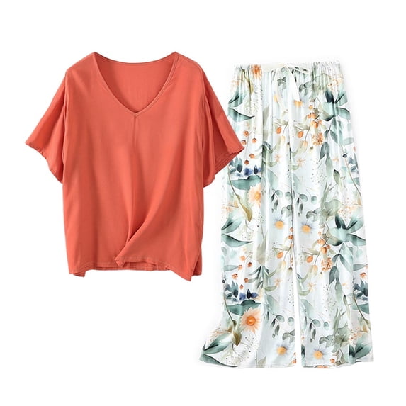WRKEKC Lounge Sets for Women Cotton Print Casual Loose Fit Short Sleeve V-Neck Wide Leg Pants Pajama Set for Sleepwear