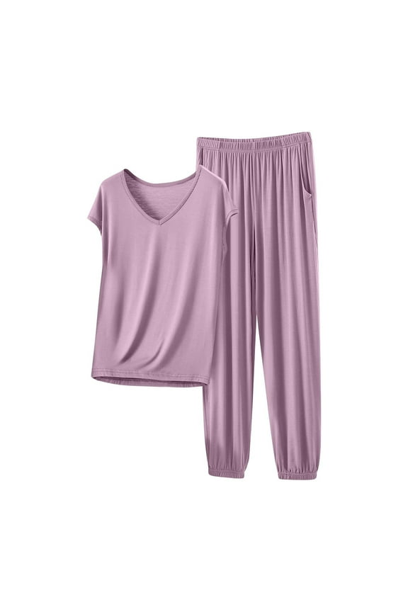 Lounge Sets for Women Modal Casual Loose Fit Sleeveless V-Neck Cuffed Pants Pajama Set for Home Wear and Relax
