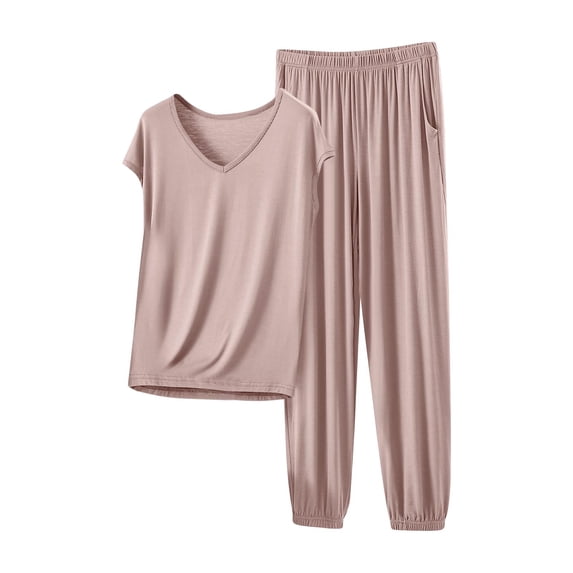 WRKEKC Lounge Sets for Women Modal Casual Loose Fit Sleeveless V-Neck Cuffed Pants Pajama Set for Home Wear and Relax