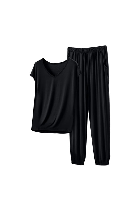 Lounge Sets for Women Modal Casual Loose Fit Sleeveless V-Neck Cuffed Pants Pajama Set for Home Wear and Relax