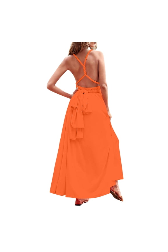Maxi Dresses for Women Solid V Neck Sleeveless Multiway Cross Tie Back Relaxed Maxi Flowy Silhouette Chic