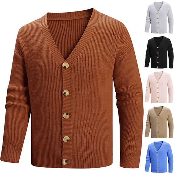 WRKEKC Men's Cardigan V-Neck Button Front Chunky Knit Solid Color Long Sleeve Thickened Warm Fall Winter Casual Outerwear