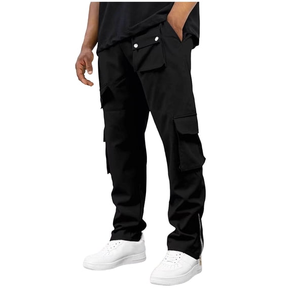 WRKEKC Men's Cargo Pants for Men Solid Color Elastic Drawstring Zipper Cuff Multi-Pocket Work Trousers Casual Activity Wear Pants