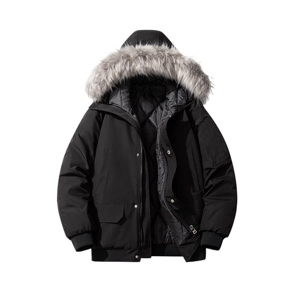 WRKEKC Men's Casual Winter Jacket Solid Color Hooded Faux Fur Trimmed Zip-Up Warm Cotton Jacket Long Sleeve Outerwear for Winter