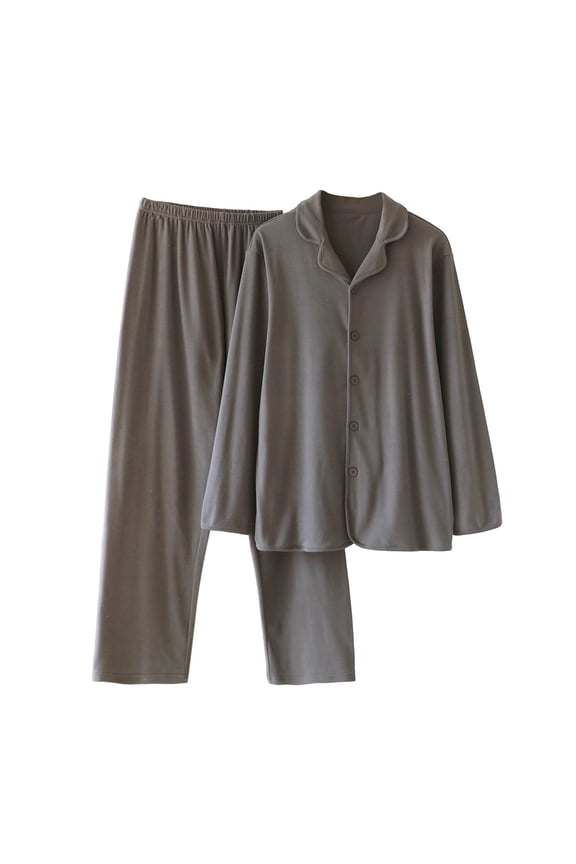 Men's Fall Winter Pajamas Set Solid Color Collared Long Sleeve Button Down Long Pant Fleece Warm Homewear Sleepwear for Men