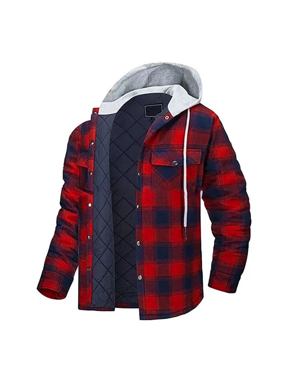 Men's Heavyweight Hooded Snap Button Plaid Jacket Long Sleeve Casual Outerwear for Winter Layering