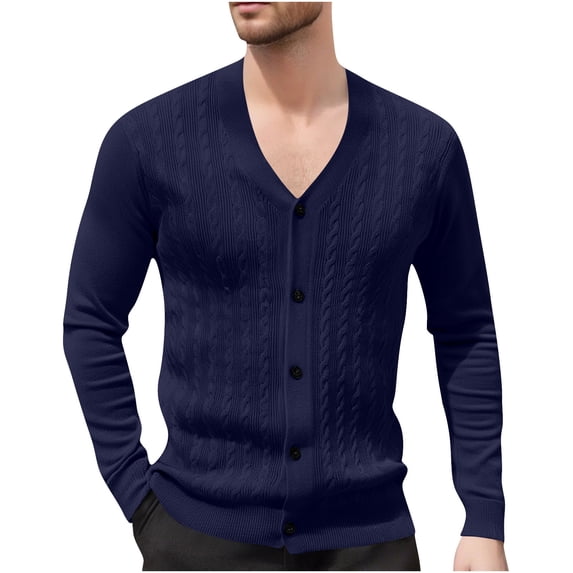 WRKEKC Men's Knit Cardigan Sweater Solid Color Long Sleeve V-Neck Jacquard Knitted Open-Front Coat for Casual Styling