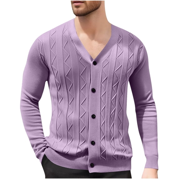 WRKEKC Men's Knit Cardigan Sweater Solid Color Long Sleeve V-Neck Jacquard Knitted Open-Front Coat for Casual Styling