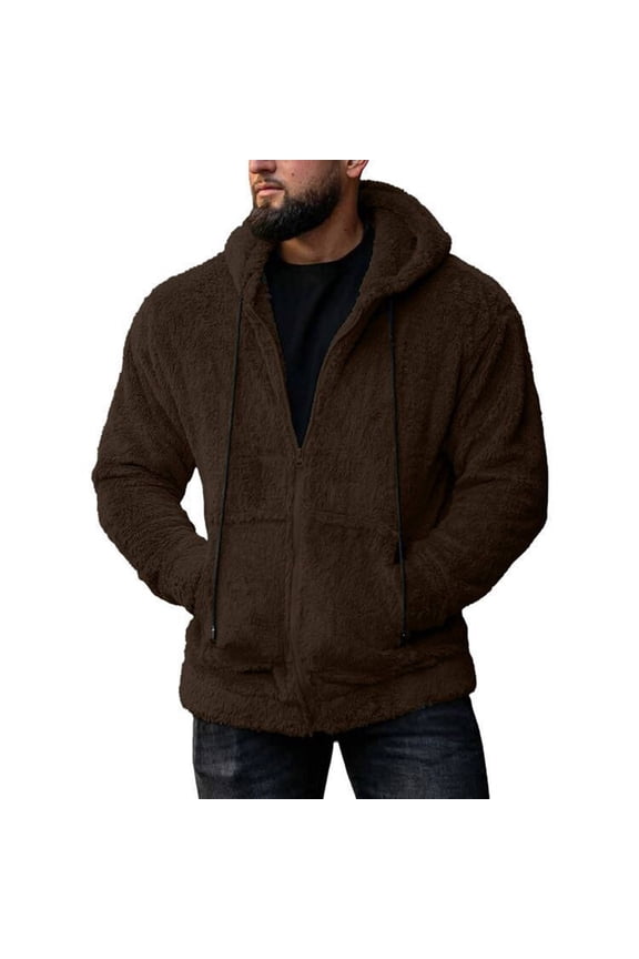 Men's Knit Jacket Fall Winter Double-Faced Fleece Pocketed Zip-Up Hooded Solid Color Sweater Long Sleeve Casual Outerwear for Seasonal Styling