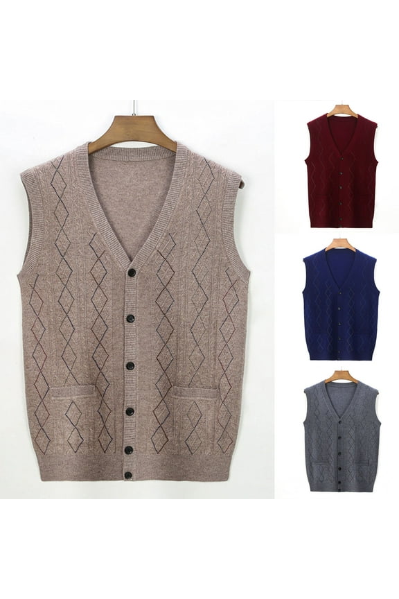 Men's Knit Vest V-Neck Argyle Knit Button Front with Pockets Sleeveless Thickened Warm Fall Winter Casual Outerwear