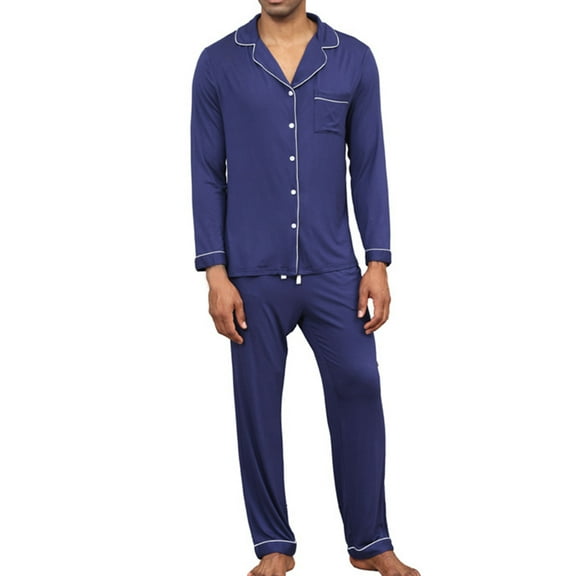 WRKEKC Men's Long Sleeve Collared Solid Color Cardigan Homewear Sleepwear Long Pant Pajamas Set Loungewear for Men