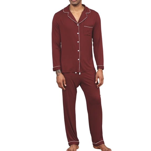 WRKEKC Men's Long Sleeve Collared Solid Color Cardigan Homewear Sleepwear Long Pant Pajamas Set Loungewear for Men