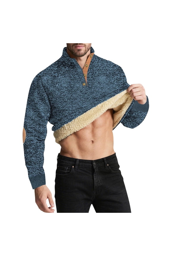 Men's Long Sleeve Shirts Solid Color Stand Collared Thick Fleece Lined Button Front Top for Fall and Winter Warmth