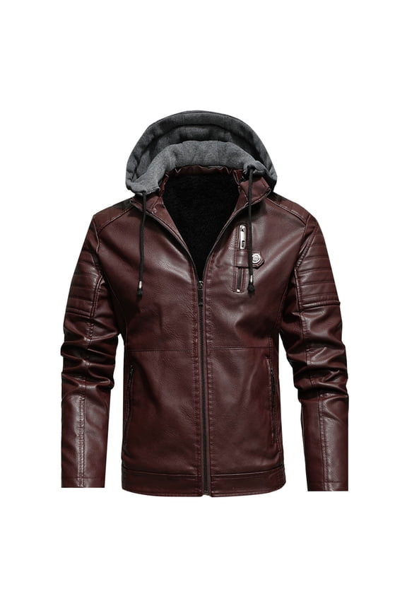 Men's PU Leather Jacket Solid Color Zip-Up Pocketed Hooded Long Sleeve Denim Jacket for Edgy Style Daily Wear