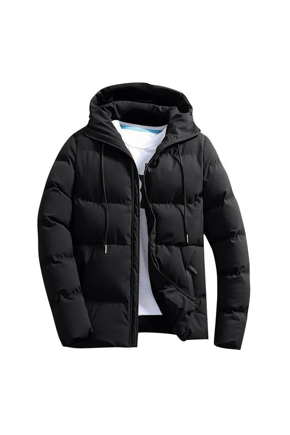 Men's Puffer Jackets with Hoodie Solid Color Long Sleeve Zipper Front Drawstring Hooded Winter Jacket for Men Warm Cotton Insulated Outerwear