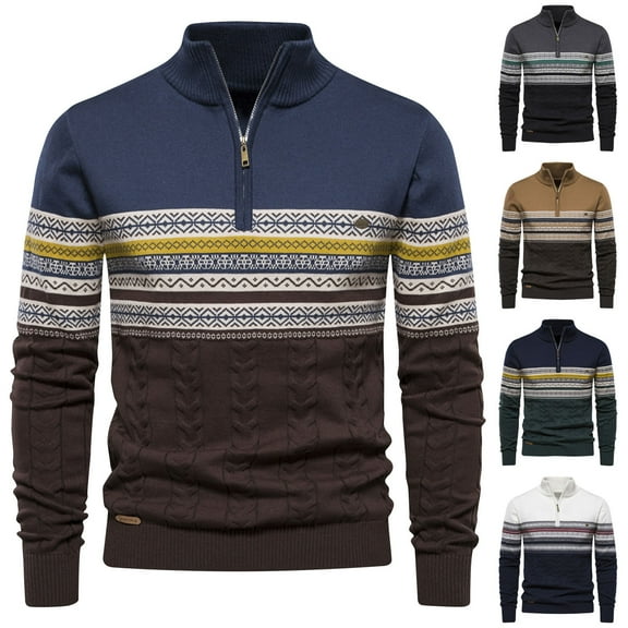 WRKEKC Men's Quarter Zip Sweater Striped Print Cable Knit Thickened Soft Warm Regular Fit Stylish Versatile Fall Winter Casual Pullover