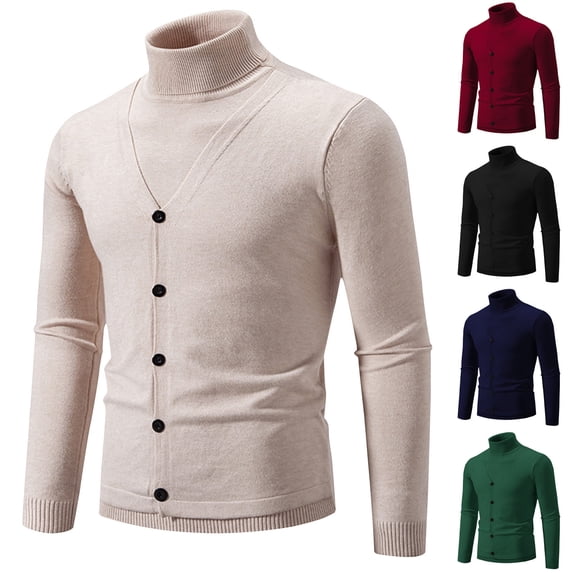 WRKEKC Men's Turtleneck Cardigan Layered Button Front Solid Color Thickened Soft Warm Regular Fit Fall Winter Casual Outerwear